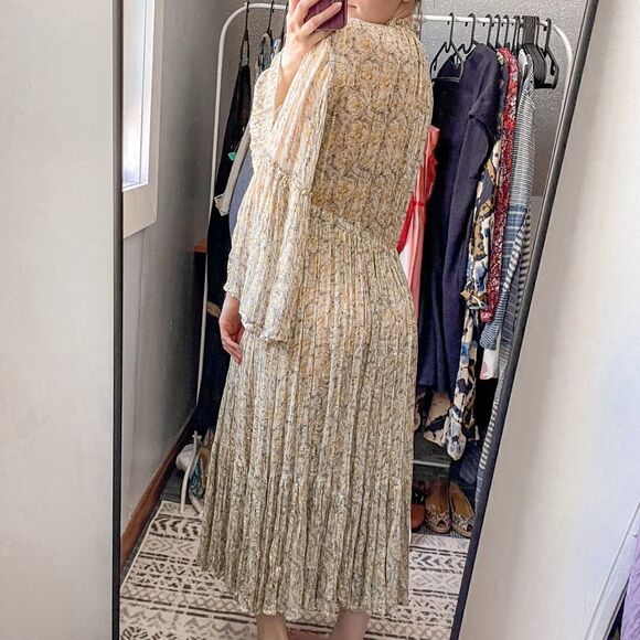 Ne Quittez Pas Chiffon Yellow Midi Dress Sheer Long Sleeve S - Picture 3 of 10